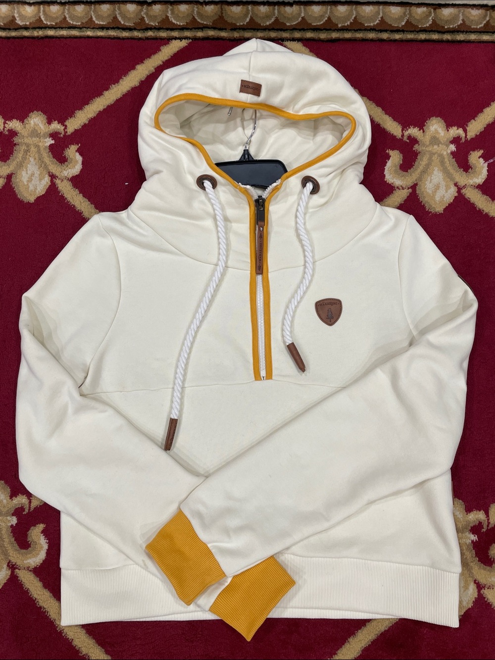 Wanakome Cream Zip-Up Hoodie with Mustard Trim